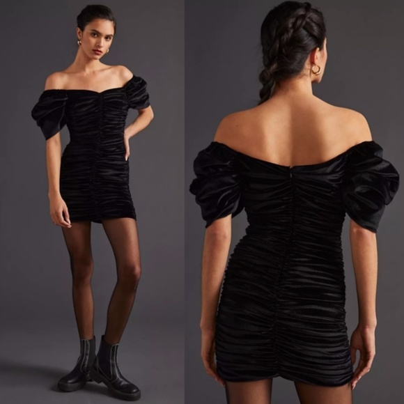 Anthropologie Hutch Black Ruched Puff Off Shoulder Sleeve Mini Dress Size 14 NWT - Picture 2 of 10